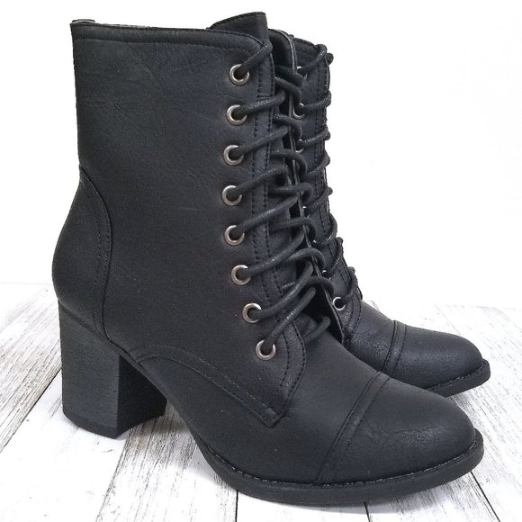 Shoes - New Black Lace Up Combat Chunky Heel Boots Booties